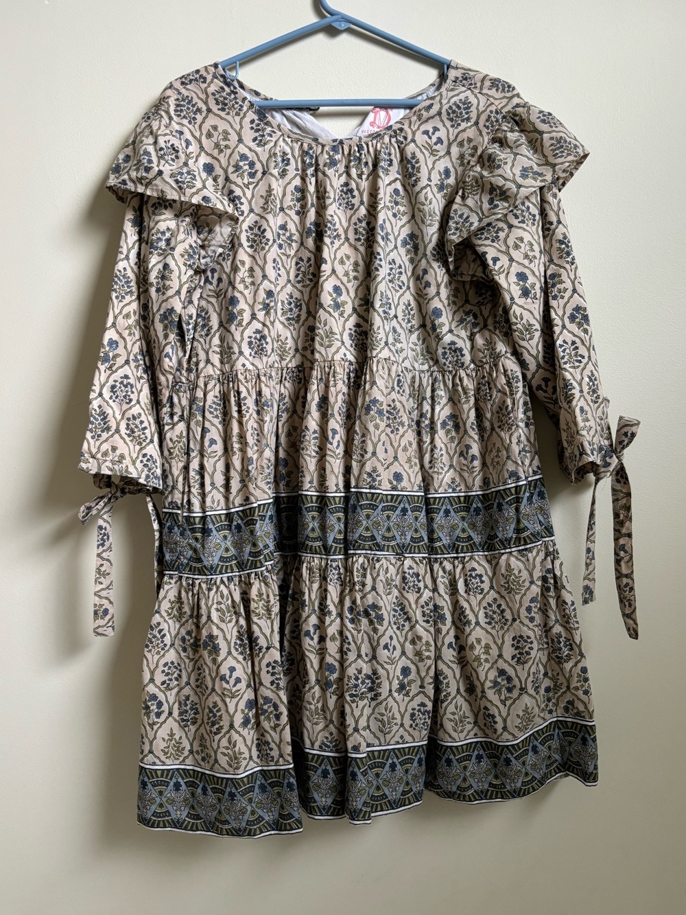 Victoria Dunn Beige Floral Tiered Mini Dress with Blue Accents